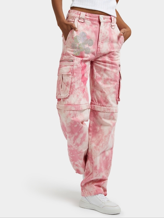 Guess Pants - GUESS × Banksy Malia Cargo Pants with Tie-Dye Effect In Pink Size 27